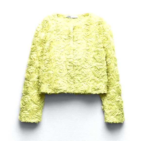 Zara Floral Textured round neck size XL LIME, Green Cardigan Jacket NWT - Picture 5 of 9